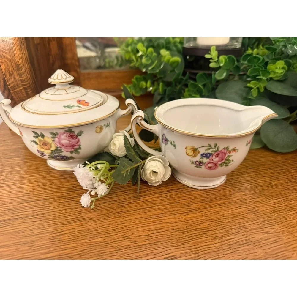 Pirkenhammer PIR4 Creamer Sugar Bowl Lid Floral Gold Czechoslovakia China